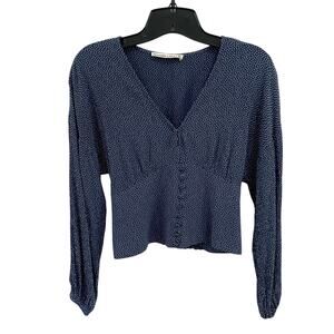 Abercrombie & Fitch Woven Navy & White Long Sleeve Cropped Top Sz XS